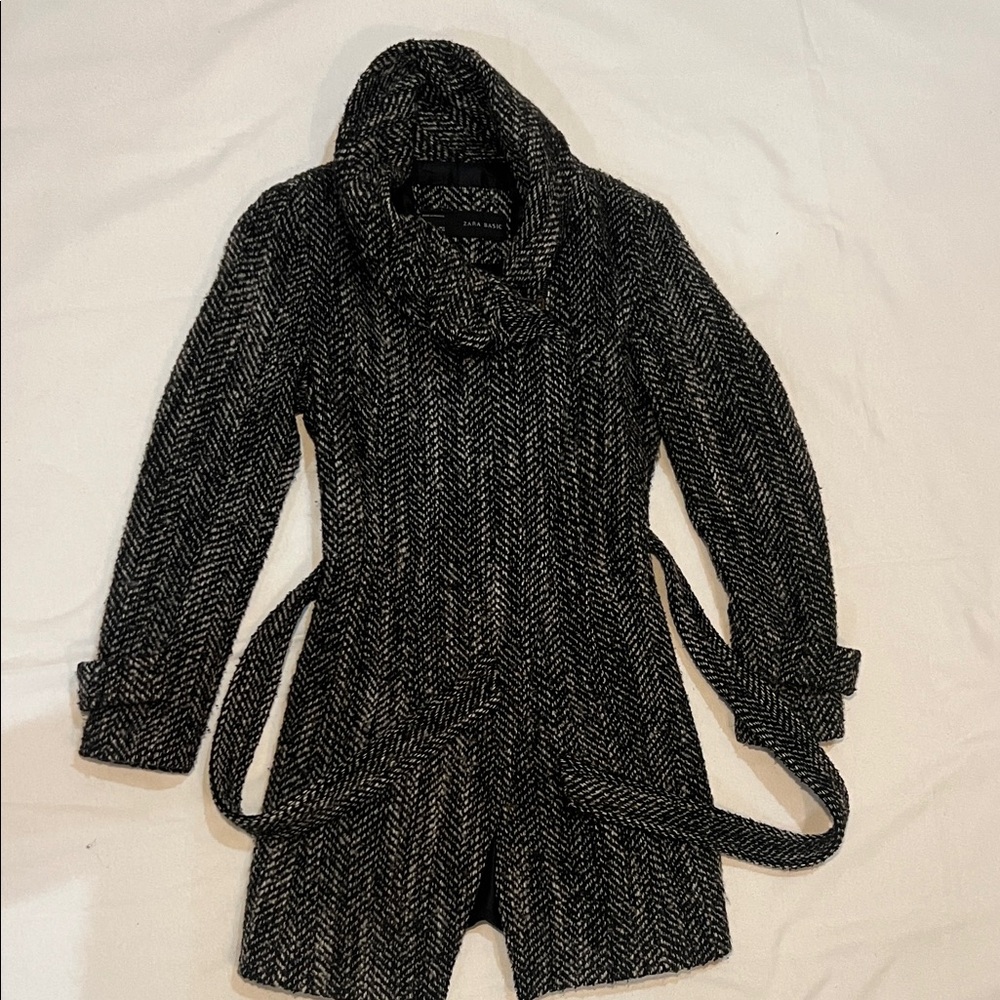 Zara Black & White Herringbone Cowl Neck Sweater Coat